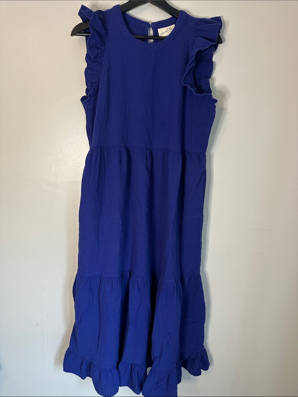 Royal Blue Sleeveless Boho Maxi Dress With Small Ruffle Sleeve and Tiered Hem, M